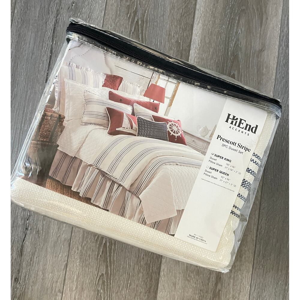 New Hiend Accents Prescott  White Navy Blue Stripe Super King Duvet Set